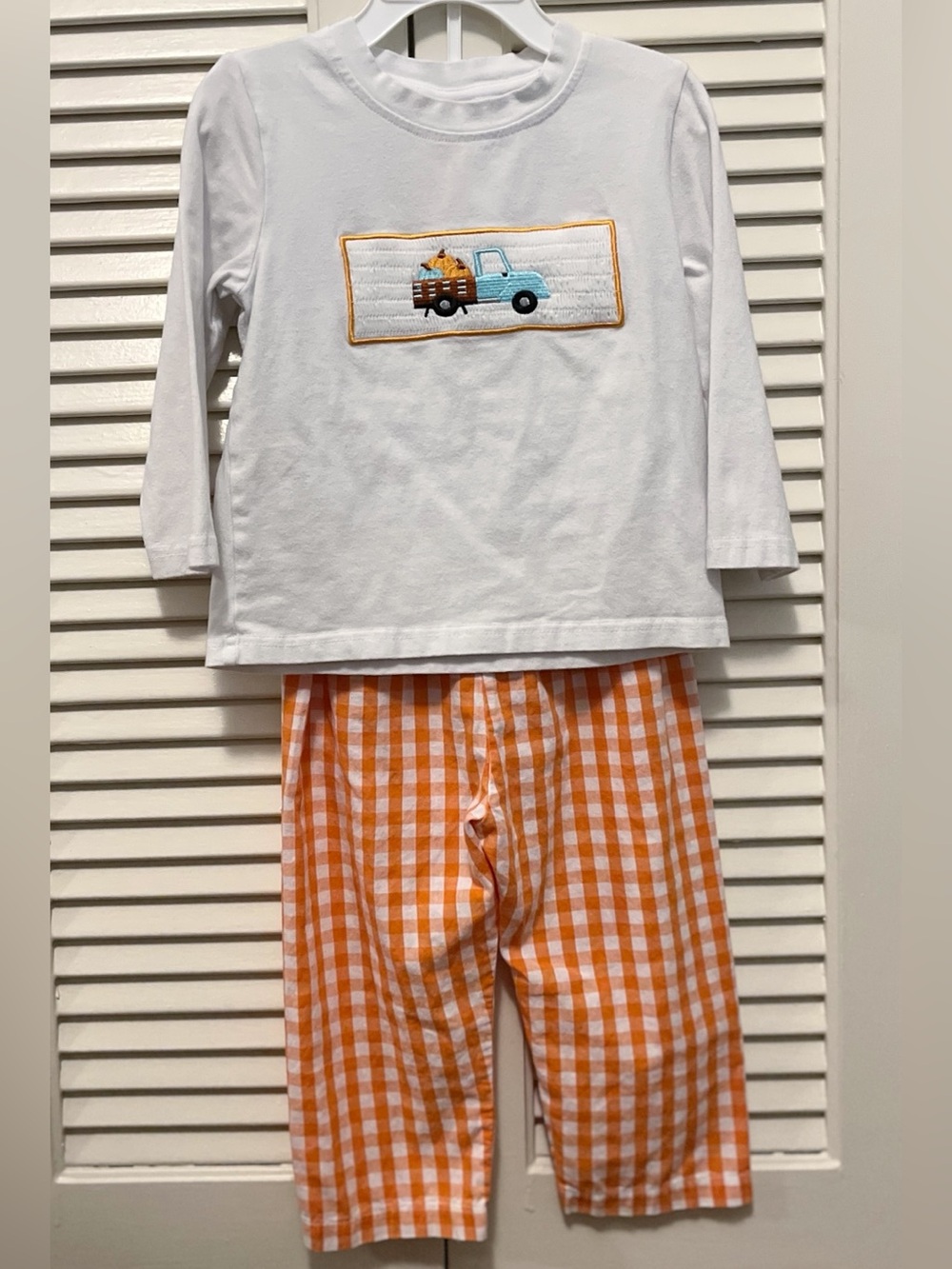 Long-Sleeve Smocked Fall Pumpkin Truck Top with Orange Check Pants